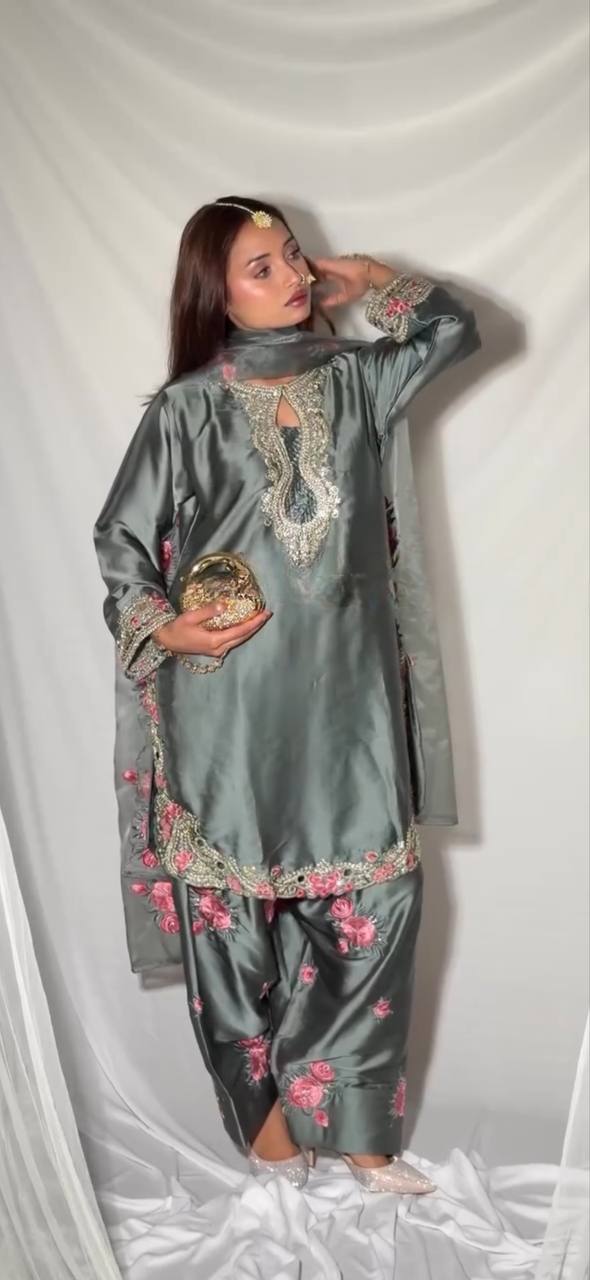 Premium Grey Silk Salwar Suit with Pink Floral Embroidery & Organza Dupatta