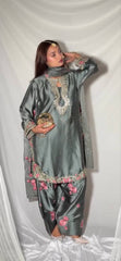 Premium Grey Silk Salwar Suit with Pink Floral Embroidery & Organza Dupatta