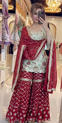 Designer Pastel Green Kurti & Deep Red Sharara Set with Scalloped Border