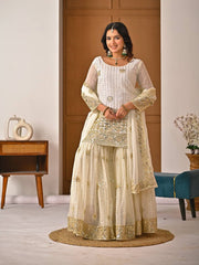 Designer Party Wear Sharara Suit - Off-White Georgette with Gold Sequin & Zari Work