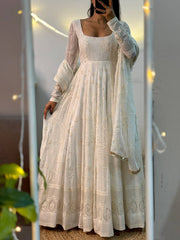 Designer Off-White Full-Sleeve Lucknowi Style Chikankari Anarkali Set