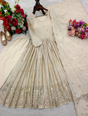 Elegant Cream Embroidered Anarkali Long Kurta Set for Weddings