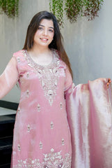 Designer Dusty Rose Party Wear Suit - Embroidered Silk Kurta with Flared Sharara