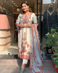 Designer 3-Piece Salwar Kameez Set - Floral Printed Kurta with Sky Blue Accents