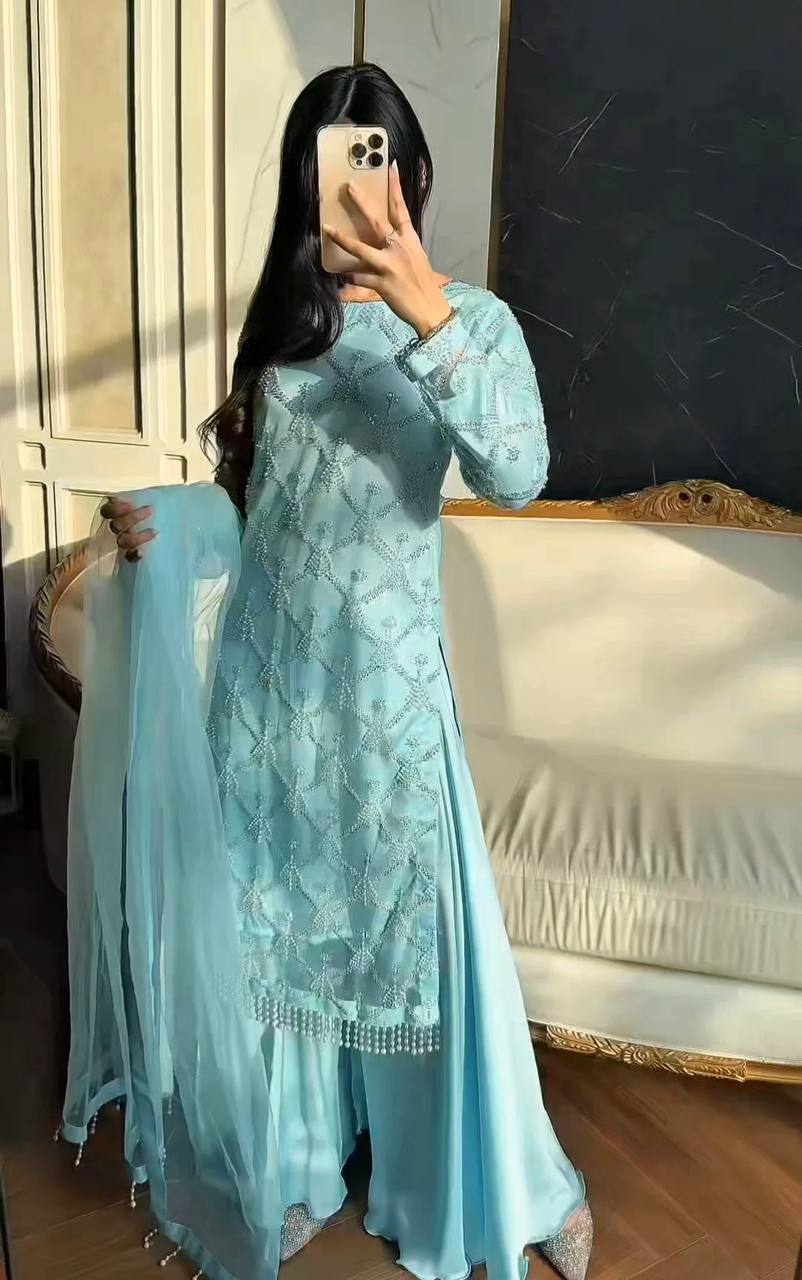 Icy Blue Hand-Embroidered Festive Set - Pearl Jaal Work Kurta & Palazzo