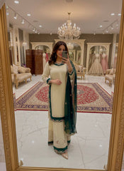 Designer Cream 3-Piece Salwar Kameez Set - Contrast Green Floral Work Kurta & Palazzo