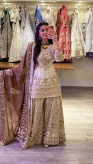 Designer Bridal Sharara Suit - Heavily Embroidered Kurta & Flared Bottoms with Coffee Brown Dupatta