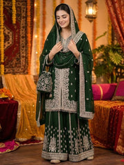 Designer Dark Green Sharara Suit - Heavily Embroidered Kurta & Flared Bottoms