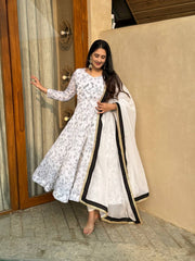 White Floral Anarkali Set with Contrast Black Bordered Dupatta
