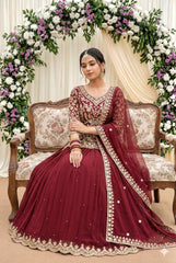 Designer Bridal Maroon Lehnga Set - Heavily Embroidered Choli & Flared Georgette Skirt