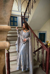 Royal Silver Anarkali Set with Embroidered Dupatta