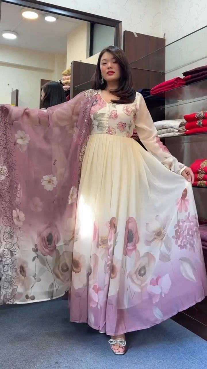 Designer Long Flare Floral Gown for Women with Potli Buttons & Heavy Border Dupatta