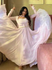 Designer Baby Pink Flared Gown with Sheer Sleeves and Choker Dupatta