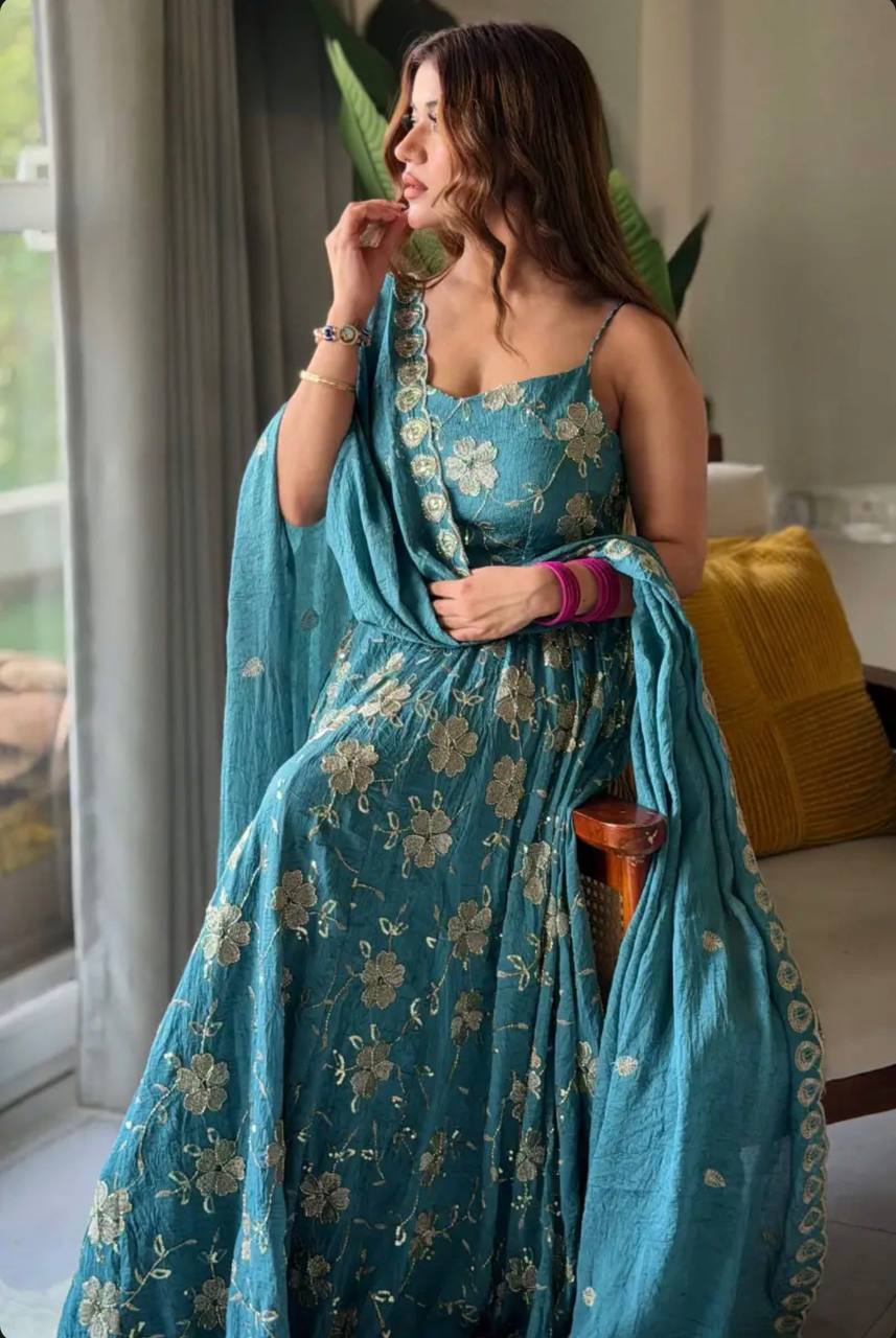 Elegant Teal Blue Party Wear Suit with Spaghetti Straps & Intricate Embroidery