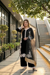 Designer Black  Salwar Kameez with White Floral Embroidery