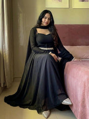 Designer Black Flared Gown with Sheer Sleeves and Choker Dupatta
