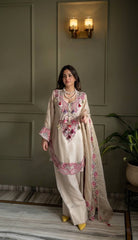 Designer Off-White Silk Kurti with Straight Pants and Embroidered Dupatta