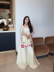 Designer Ivory Embroidered Kurti with Wide-Leg Sharara & Pink Dupatta