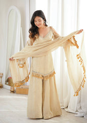Champagne Gold Short Kurti with Flared Sharara & Tassel Dupatta Set