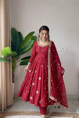 Deep Maroon Anarkali Suit Set with Zari Border Dupatta