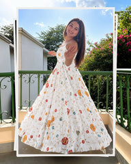 Elegant White Anarkali Gown with Rose Embroidery Work