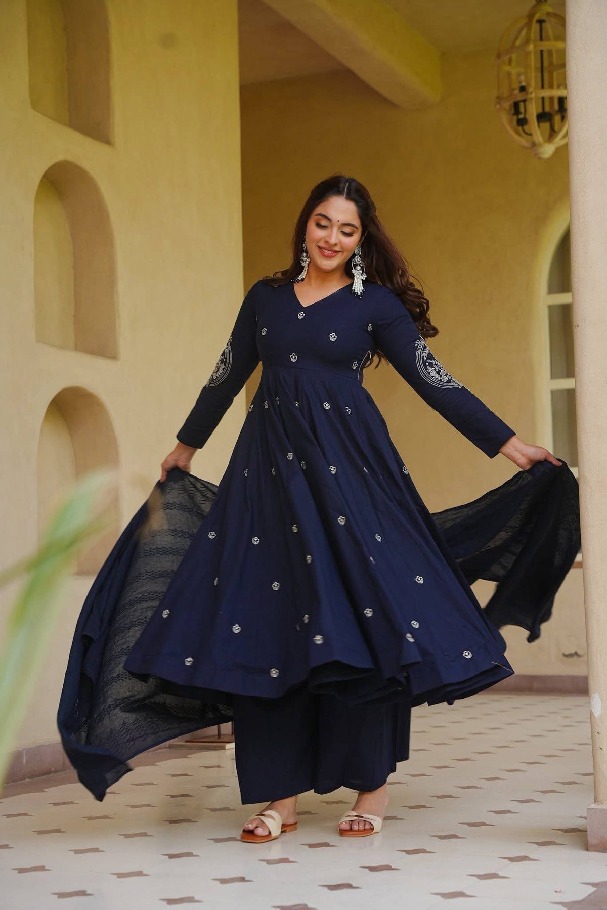 Elegant Royal Navy Blue Anarkali Suit Set with Subtle Embroidery