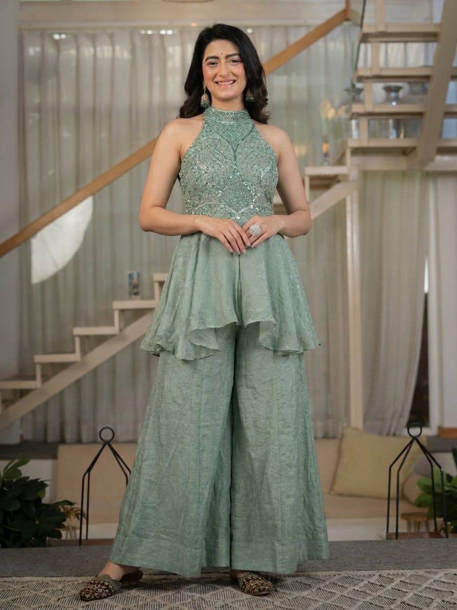 Modern Indo-Western Sage Green Shimmer Sharara Set with Flared Palazzo