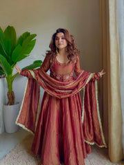 Designer Metallic Maroon Anarkali Gown with Koti Style Embroidery