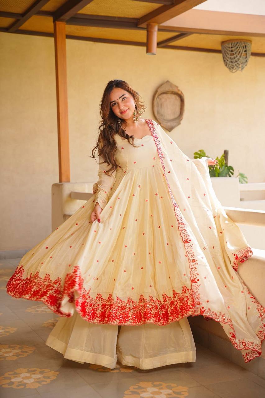 Elegant Off-White and Red Embroidered Festive Anarkali Set