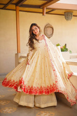 Elegant Off-White and Red Embroidered Festive Anarkali Set