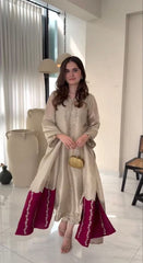 Champagne Gold Handwork Kurta Set with Contrast Embroidered Dupatta