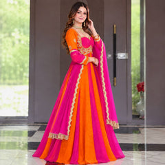 Rani Pink and Tangerine Orange Dual-Tone Anarkali Suit with Dupatta