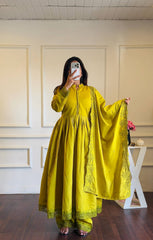 Olive Lime Green High-Neck Flared Anarkali Set with Scallop Dupatta
