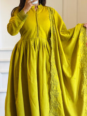 Olive Lime Green High-Neck Flared Anarkali Set with Scallop Dupatta