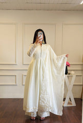 Ivory White Pleated Anarkali Suit with Lace Embroidery (Set of 3)