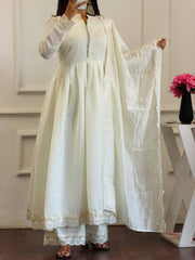 Ivory White Pleated Anarkali Suit with Lace Embroidery (Set of 3)