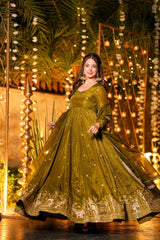 Elegant Olive Green Silk Anarkali Gown with Heavy Zari Border & Matching Dupatta