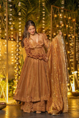 Elegant Copper-Gold Silk Anarkali Suit with Ruched Sleeves & Matching Dupatta