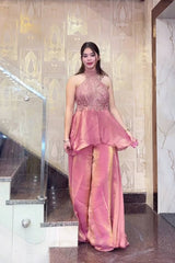 Indo-Western Party Wear: Mauve Pink Silk Blend Peplum Kurti and Flared Sharara
