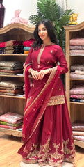 Designer Maroon Festive Wear Sharara Set – Heavily Embroidered Kurti & Flared Bottom