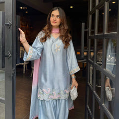 Designer Sky Blue Ethnic Suit for Women – Embroidered V-Neck Kurta with Palazzo and Dupatta Set