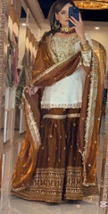 Elegant Off-White & Coffee Brown Georgette Sharara Suit with Heavy Gotta Patti Work