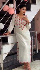 Elegant White Long Kurta with Pink Pom-Pom Detailing & Golden Gota Patti Lace Work