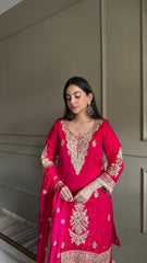 Deep Pink Zari Embroidered Silk Kurta with Matching Palazzo & Dupatta Set