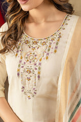 Festive Special Cream Pant-Suit Set with Intricate Neckline Embroidery & Digital Print Dupatta