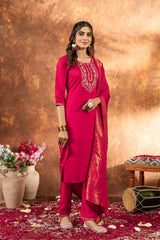 Designer Pink Silk Kurta Suit with Heavy Work Neck & Banarasi Silk Dupatta