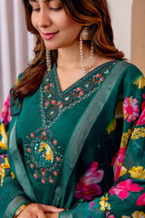 Elegant Bottle Green Silk Blend Kurta Set with Floral Organza Dupatta