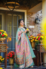 Elegant Sage Green Layered Flared Suit with Traditional Weaved Dupatta