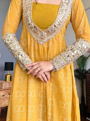 Mustard Yellow & Sage Green Bandhani Print Anarkali Kurta with Mirror Work