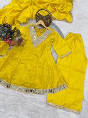 Designer Mustard Yellow Kurti with Mirror Border and Matching Palazzos